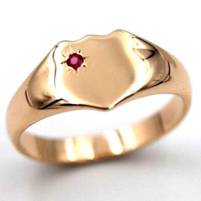 Genuine 375 Solid 9ct 9k Rose Gold Shield Signet Ring set with Ruby
