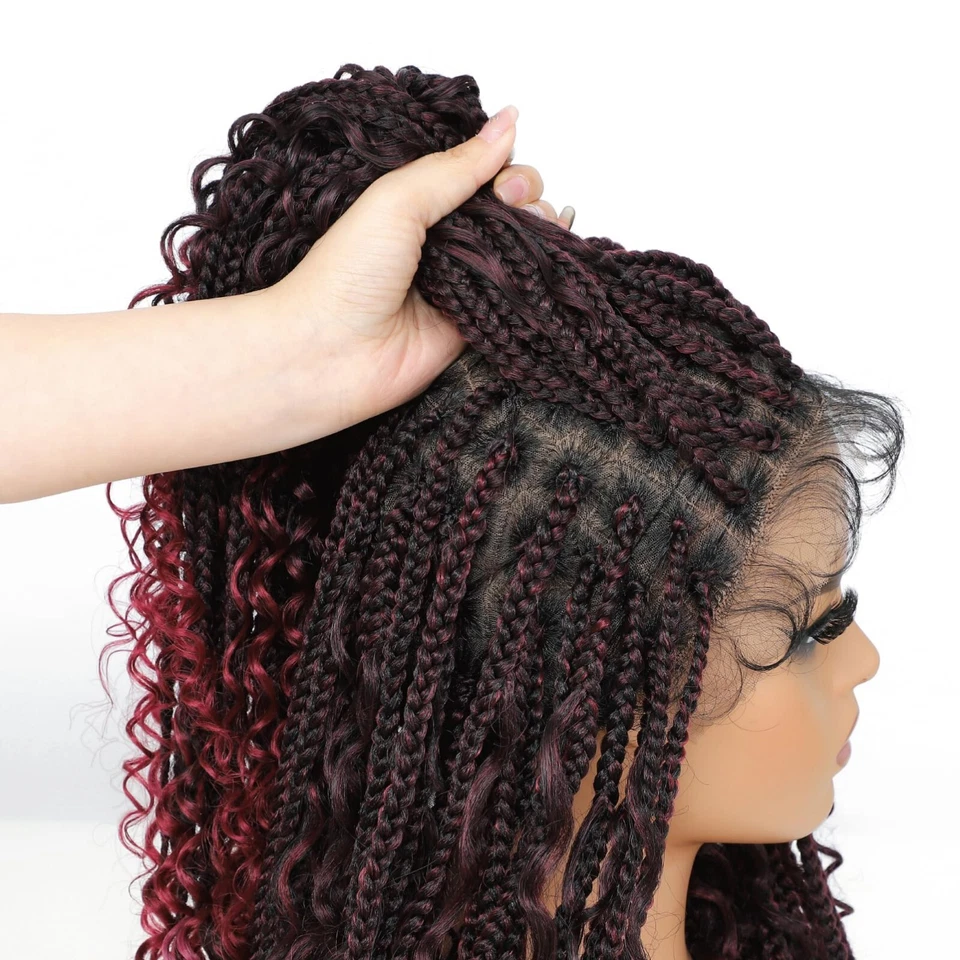 Peluca trenzada boho de encaje completo sintético negro trenzado caja rizada de 20" Foto 4 de 4