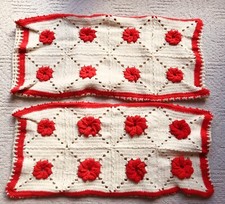 Vintage Pair Handmade Pillow Covers Crocheted 3D Red Rose Flower Granny Square