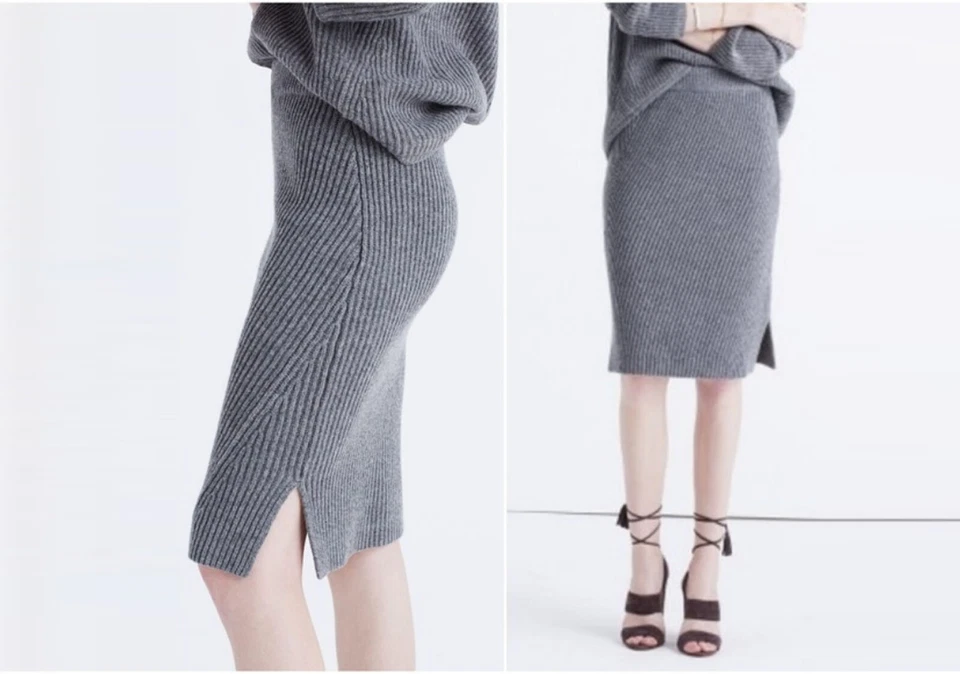 Madewell 100% Lana Merino Acanalada Tejido Lado de Madera Suéter Falda Lápiz en Gris Talla S