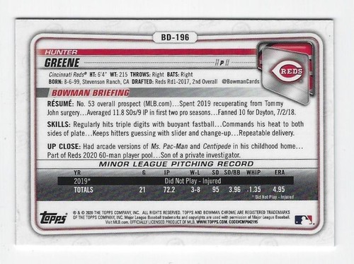 Bowman Draft 2020 cromo #BD-196 Hunter Greene refractor azul cielo ~ rojos - Imagen 2 de 2