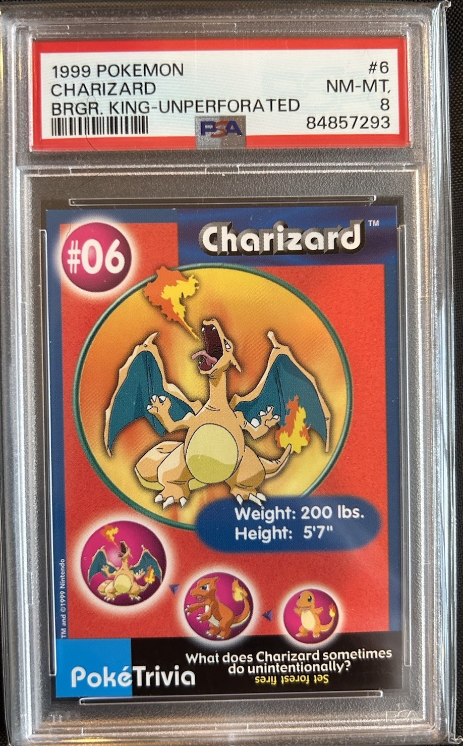 1999 Pokemon Burger King UnPerforated Charizard #6 - PSA 8