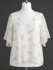 Elena Baldi Silk Blouse Sz M White Hummingbird Print Sheer Flutter Sleeve Italy