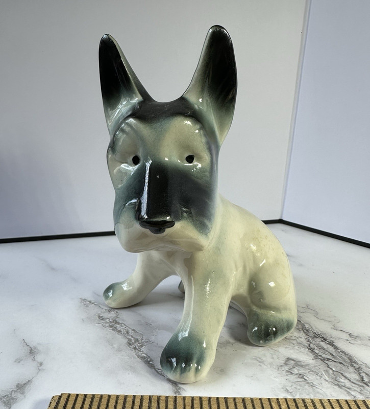 Vintage Ceramic Dog Figurine Small 4” Gray/White Glossy Finish
