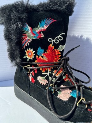 New Johnny Was FREJA BIRD & Floral EMBROIDERED MOON BOOT BLACK  Sz: 7  JWS8721-9