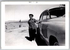 Vtg B&W Snapshot Stylish Woman Plaid Shirt By Car Desert 1959