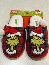 Dr Seuss The Grinch Women  s Slippers Size Small 5-6 Plaid Red Blue Green Sherpa