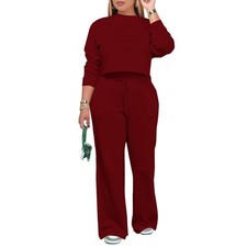 Women's 2 Piece Outfits Sweatsuit Set Long Sleeve Crop Top Drawstring Wide Le...