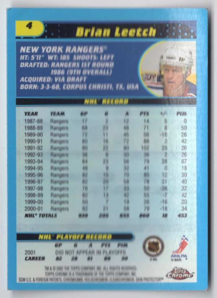 2001-02 Topps Chrome BRIAN LEETCH New York Rangers #4 - Image 2 of 2