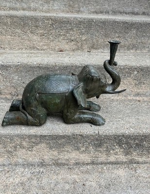 Antique Bronze Kneeling Elephant Candle Holder 20lbs RARE
