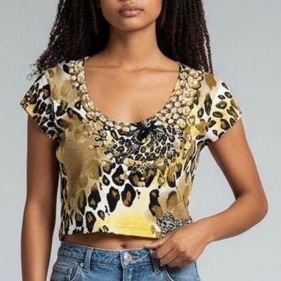 Vtg Cache Leopard Print Top Womens Small Yellow Pearl Graphic Bow Y2K Glam