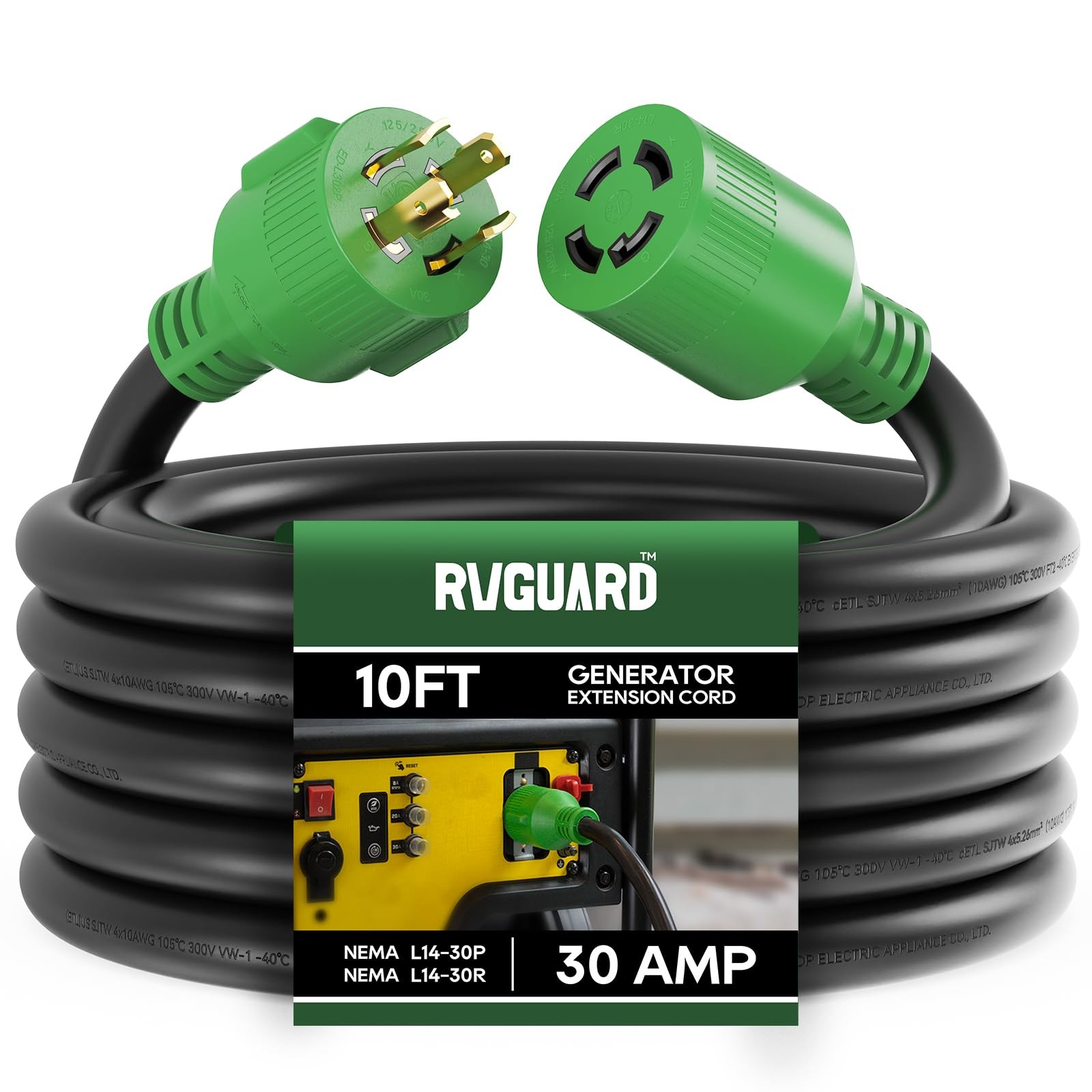RVGUARD 4 Prong 30 Amp 10 Foot Generator Extension Cord, NEMA L14-30P/L14-30R...
