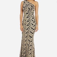 One Shoulder Gold and Black Lace Formal Gown Dress