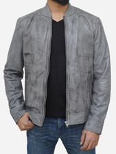 Bomber uomo artigianale in pelle di agnello grigio invecchiato