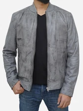 Hand Crafted Mens Distressed Gray Lambskin Leather Bomber Jacket