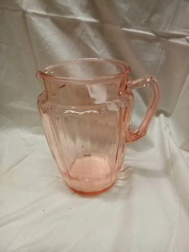 Pink Depression Glass Water Pitcher Unknown Maker 8” Tall Holds Approx 50 Oz