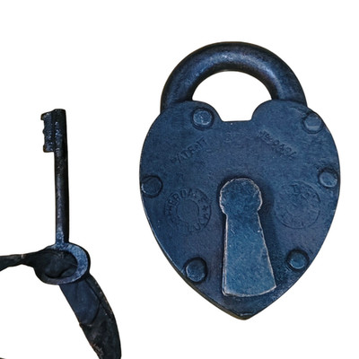 1800's Vintage Old Antique Iron Rare Engraved Unique Seal Pad Lock With Key