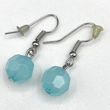 Vintage Silver-Tone Blue Translucent Plastic Faceted Bead Dangle Earrings