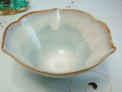 Pottery Bowl Centerpiece Dripped Design Signed, Pinched Rim *