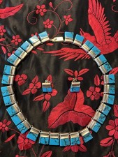 Mexican Silver Turquoise Statement Necklace Earrings 925 Sterling Jewellery Set