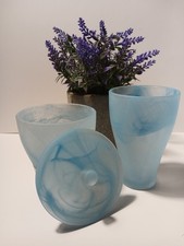 Crabtree  Evelyn BATHROOM SET Glass Tumbler  Canister Blue Frosted Marbling