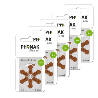 30x Phonak Hörgerätebatterien - P312 braun PR41 - (5x 6er Blister)