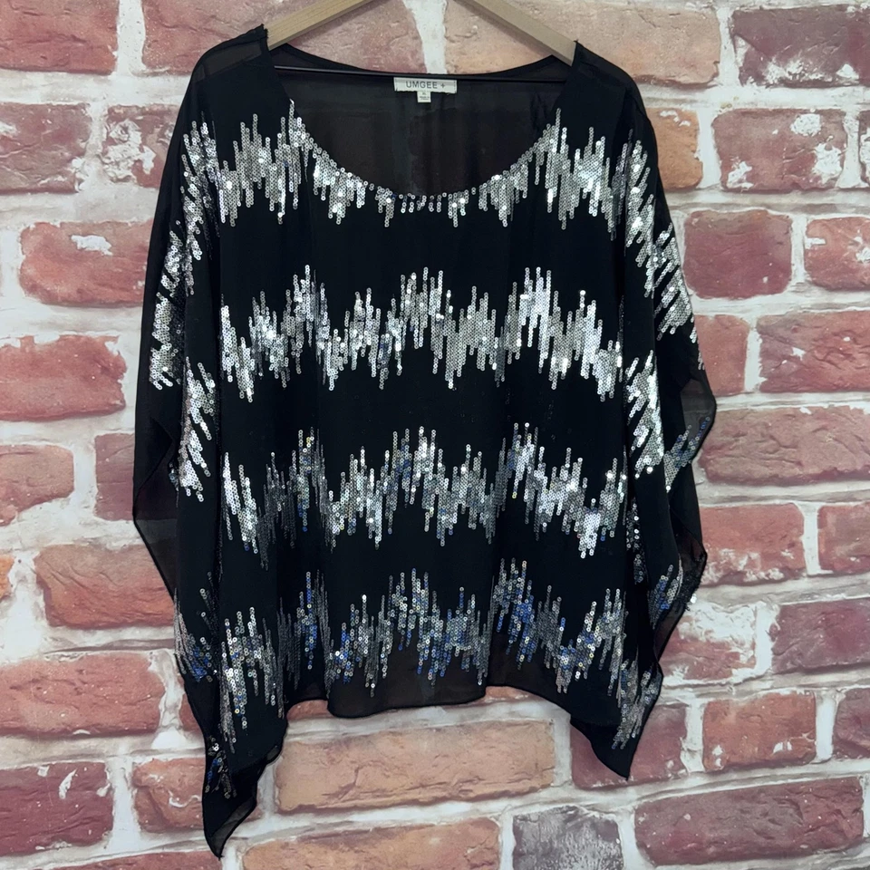 Umgee Kimono Top Womens XL Black Silver Abstract Sequin Sparkly Sheer Shirt - Image 2 of 4
