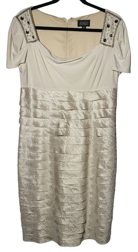Adrianna Papell Metallic Gold Beaded Tier Ruffled Formal Cocktail Dress Size 12