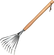 Hand Rakes Stainless Steel Beech Handle Soil Tille Garden Shrub Rake Leaf Rakes,