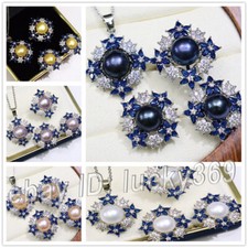 Women's Real AAA Pearl Zircon Crystal Inlay Earrings Ring Pendant Necklace Set