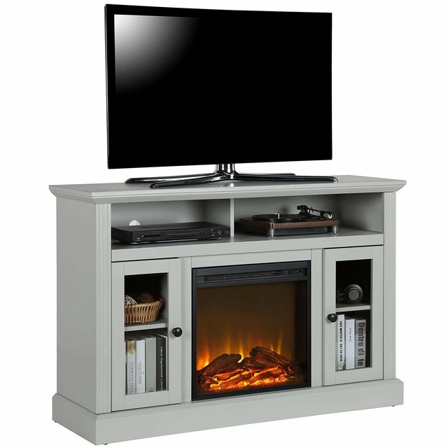 Gray Grey Wood TV Stand Entertainment Center Electric Fireplace Storage