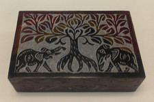 STONE JEWELRY TRINKET BOX CRAVED ELEPHANTS UNDER TREE ATTACHED LID 6X4X2