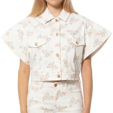 Lola Jeans Denim Paige Crop Jacket Size Medium Womens Floral Flare Short Sleeve