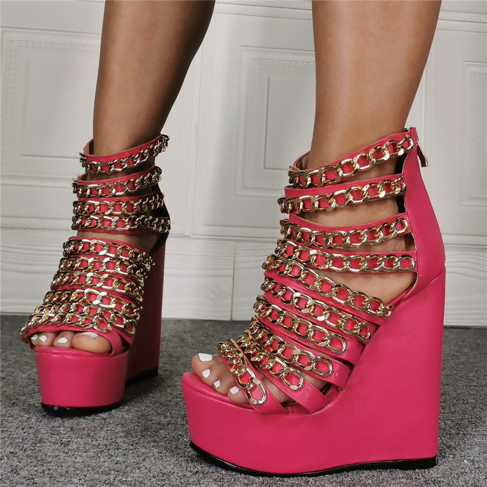 Womens Punk Peep Toe Sandals Metal Chain Wedge High Heels Party Platform  Shoes | eBay