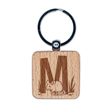 Animal Alphabet Letter M for Mouse Engraved Wood Square Keychain Tag Charm