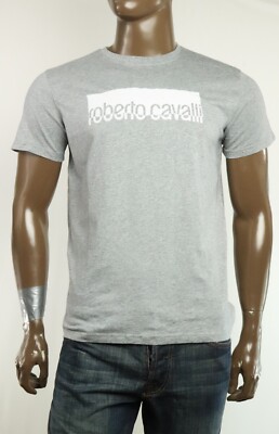 New Mens Roberto Cavalli Signature Logo Crew Neck Gray Graphic Tee T Shirt L