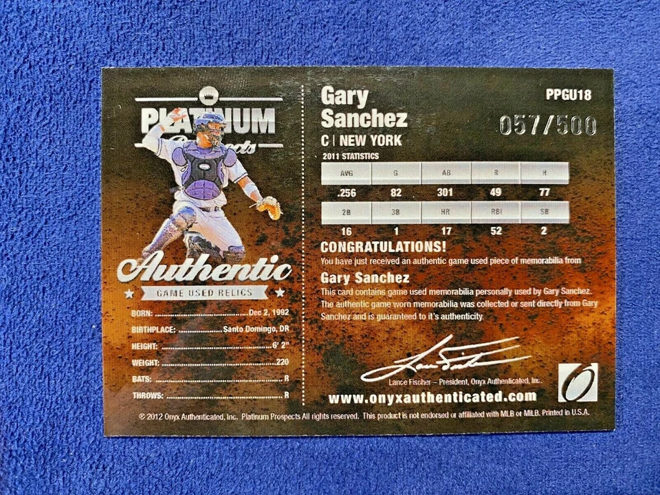 Gary Sanchez 2012 Onyx Platinum Prospects usado en el juego/500 autógrafo dorado en tarjeta Foto 2 de 2
