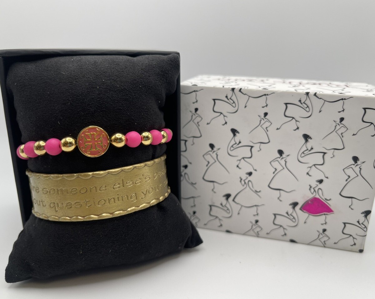 Rustic Cuff Piece Set Pink Rubber Stretch Gold Inspirational