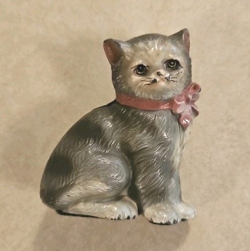RARE! Heavy Bronze HAND PAINTED Gray Striped Cat 3.25 " Austrian Vintage 