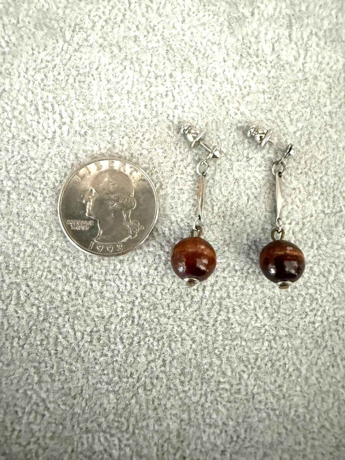 Dark Brown Bead Silvertone Dangle Post Pierced Ea… - image 5