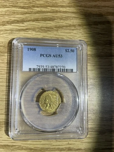 1908 $2.50 Indian Head Gold Coin. PCGS AU53