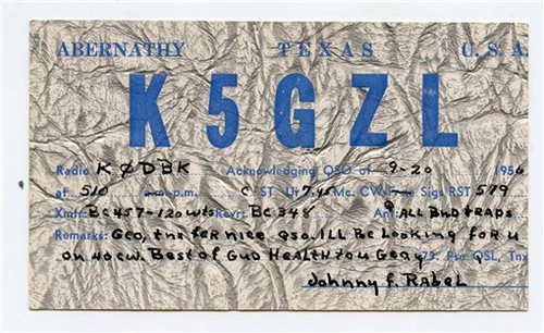 K5GZL QSL Card Abernathy Texas 1956