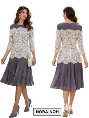 NORA NOH Designer Romantic Ivory Lace Overlay Soft Gray Pleated