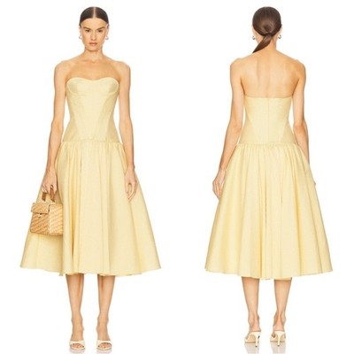 ALEXIS Summers Strapless Bustier Herringbone Yellow Stripe Midi Dress Size Large
