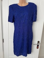 C&A Blue 100% Silk Beaded Floral Shift Dress Knee Length Evening Party UK 12