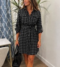 NY Collection Shirt Dress Sz S Tie Belt Button Up Roll Tab Sleeve Career Office