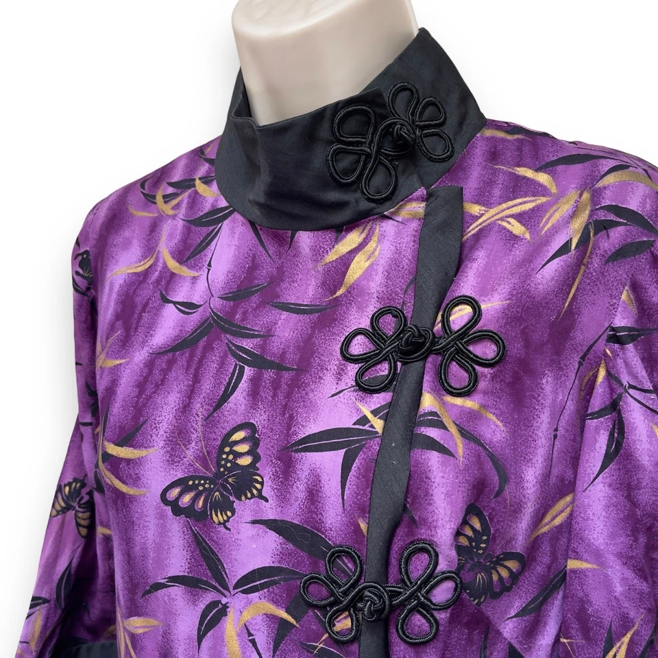 Maxi Vestido Chino Púrpura Mariposa Años 70 De Colección Pankou Rana Cierre Bata Caftán Foto 4 de 4