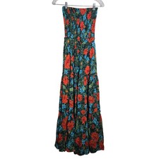 ABEL THE LABEL S Maxi Dress Smocked Strapless Floral Print Dark Teal Orange Blue