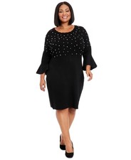 London Times Womens Beaded Bell Sleeve Dress Black Size 1X