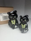 Fenton Glass Bear Figurine Set Floral Hand Painted Signed, W/Box Black Glass